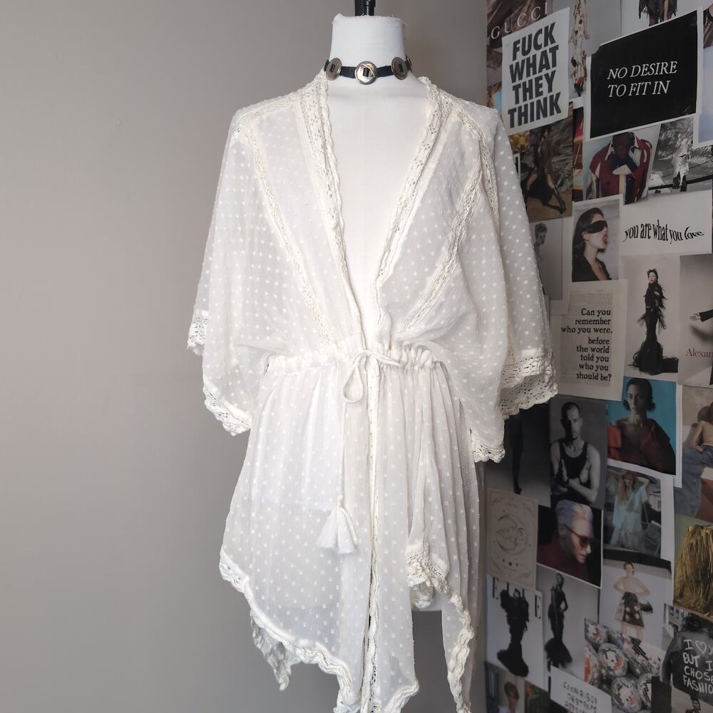 Sheer Swiss Dot Lace Trim Kimono Cardigan Boho